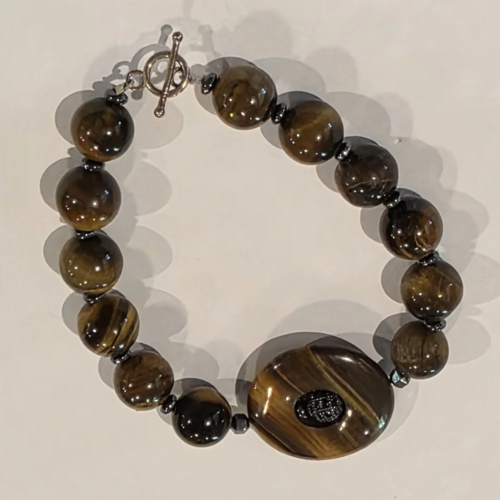 Tiger Eye Stone Beaded Bracelet with Round Centerpiece‎ Statement Jewelry